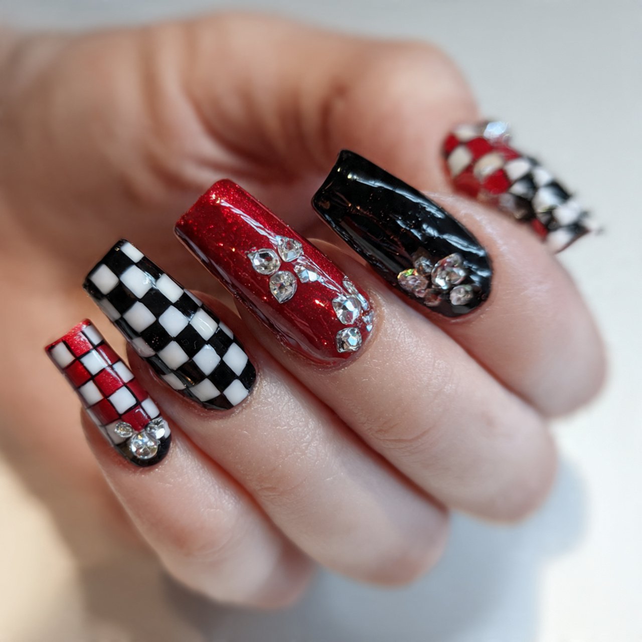 black and red checkerboard design attractive nails