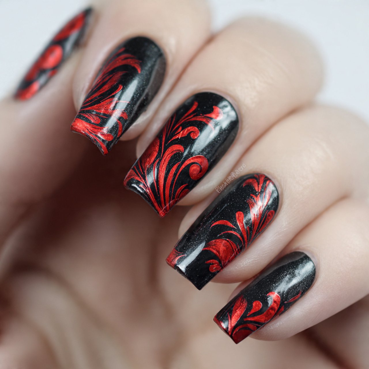 black and red swirl design nature look nails 1