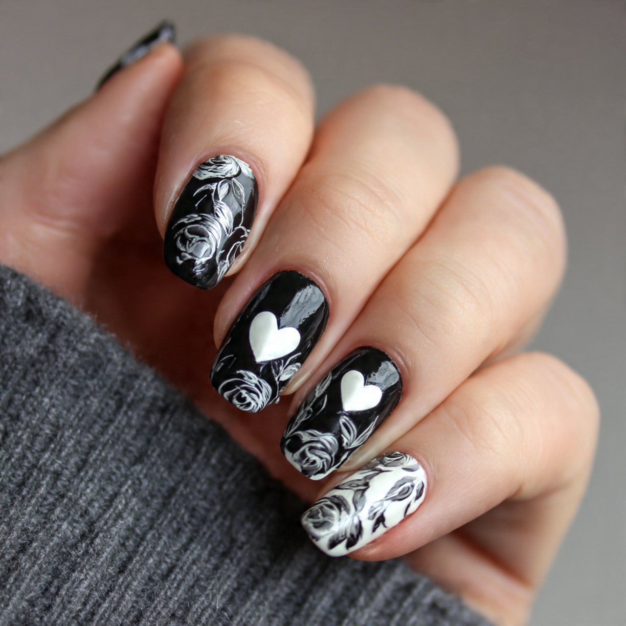 black and white heart designs nature look nails