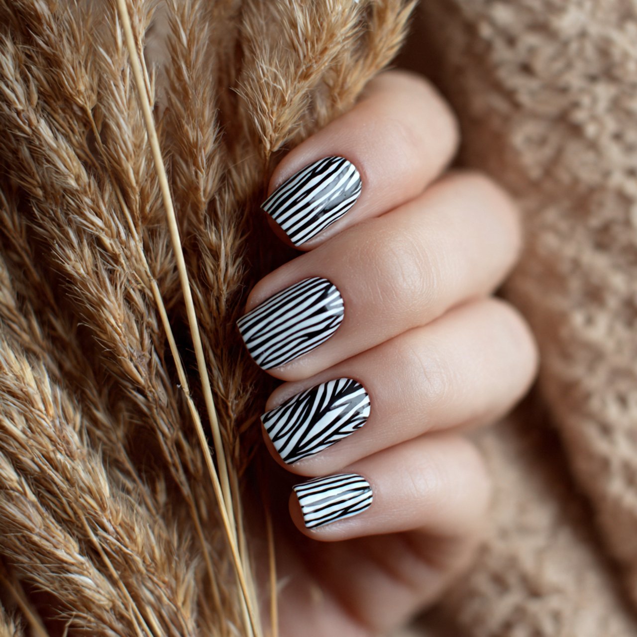 black and white stripes nature looks nails