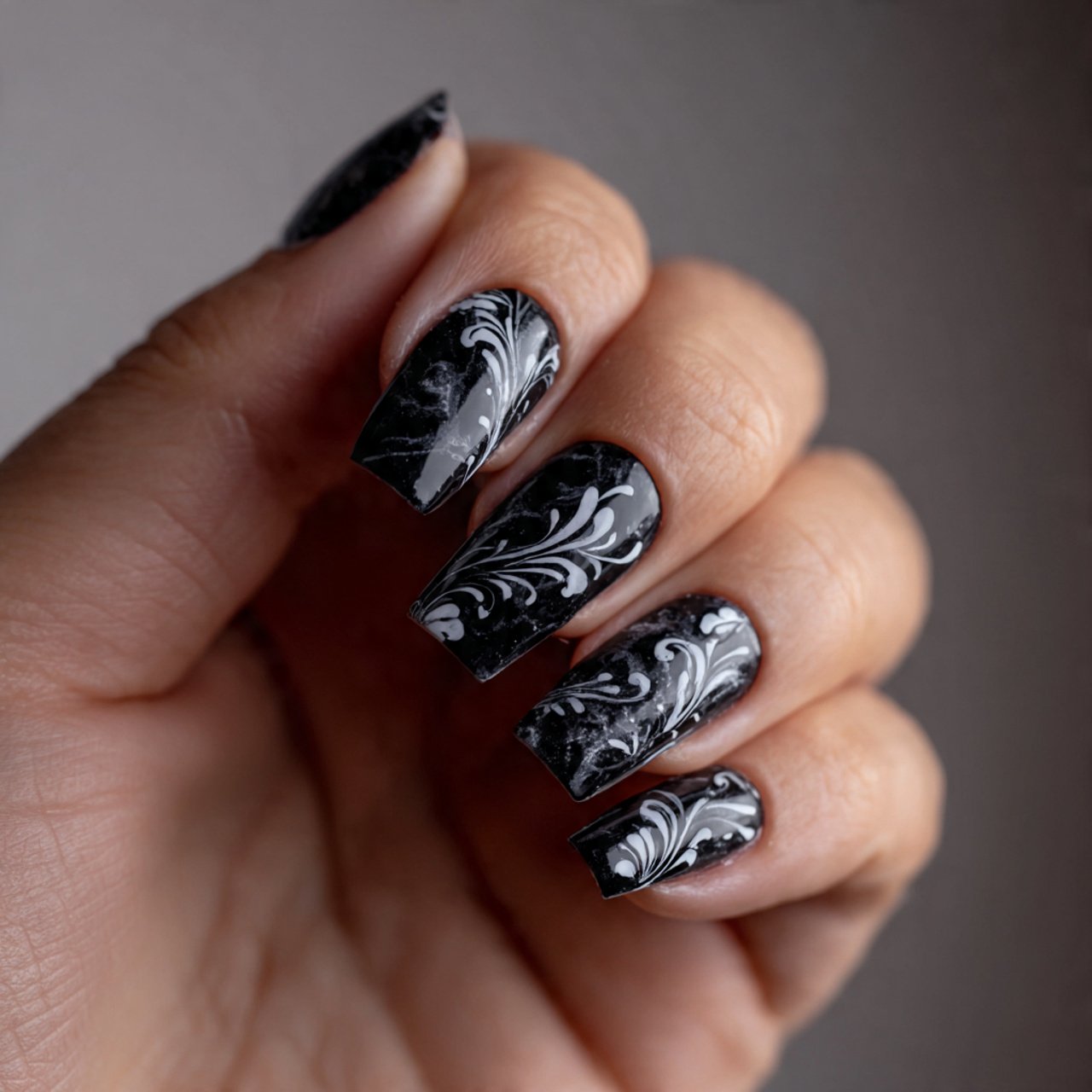 black base with white swirls nature look nails