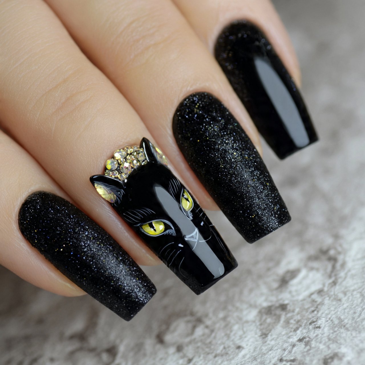 black cats with glitter accents creative look nail