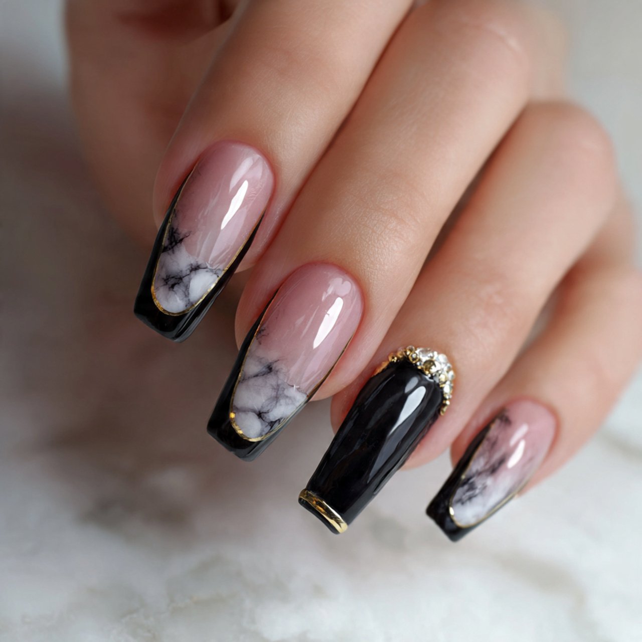 black french tips with marble accents attractive n