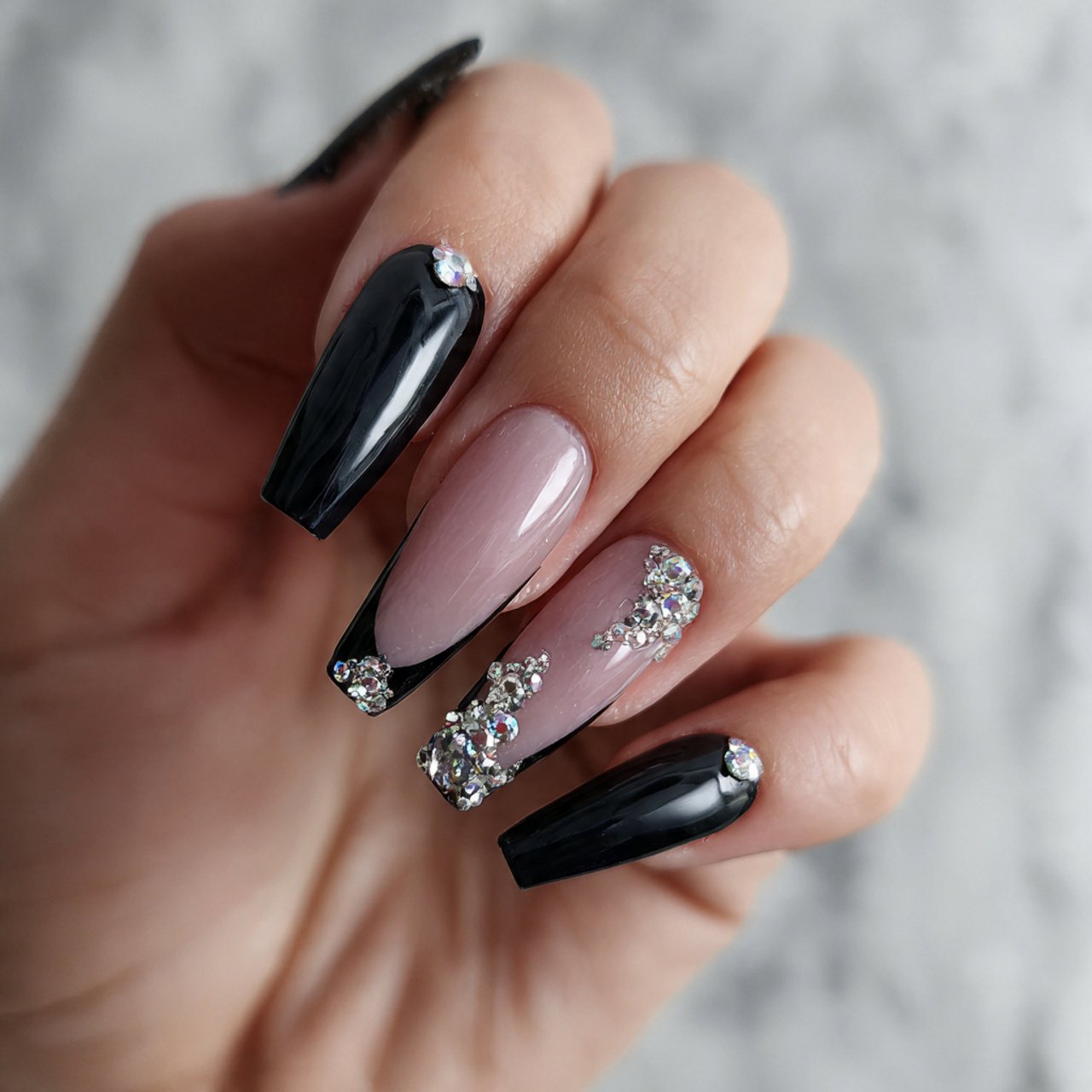 black french tips with rhinestones nature look nai