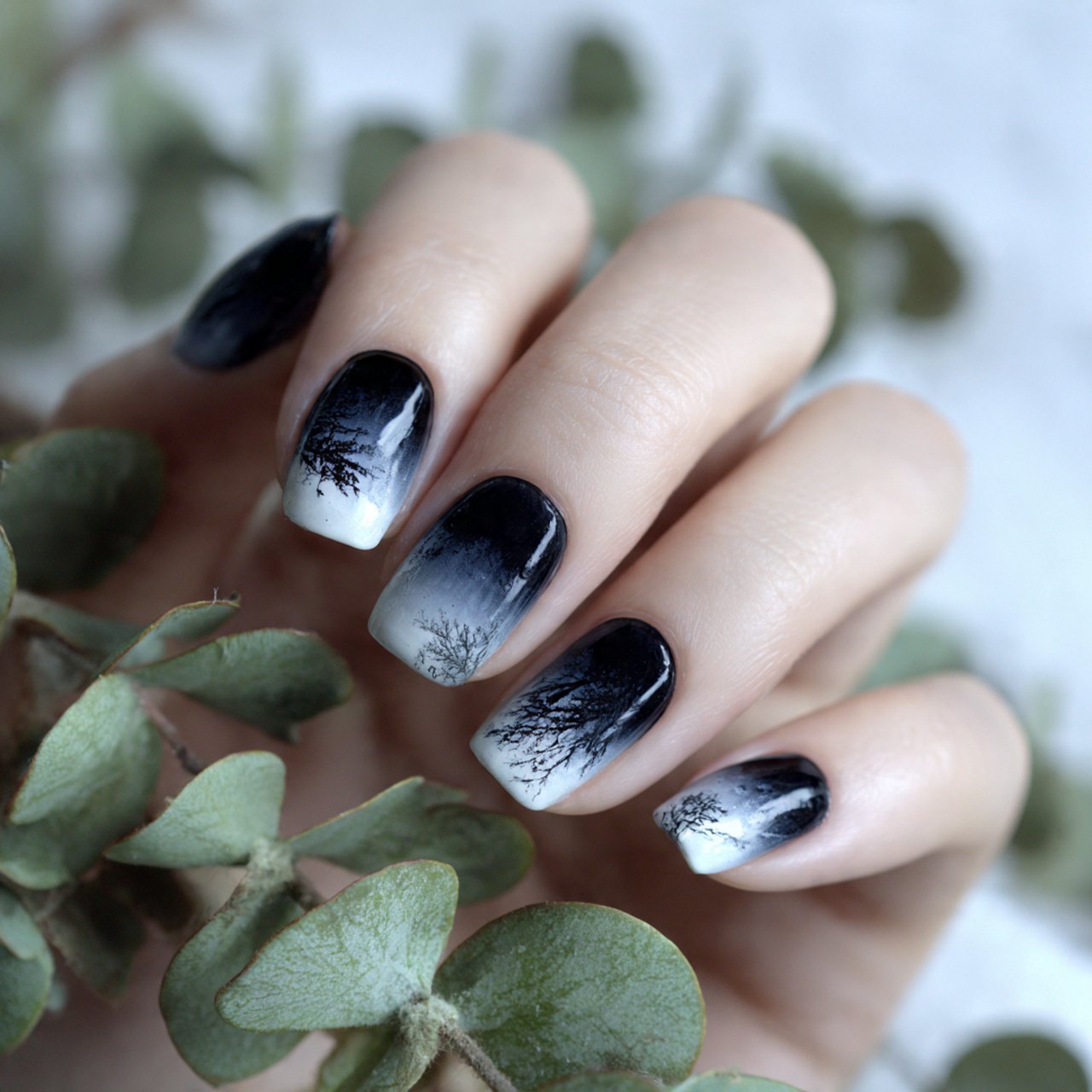 black ombre with white nature looks nails