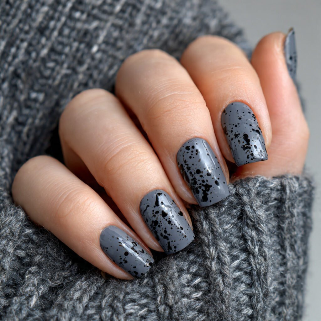black splatter over a gray base attractive nails