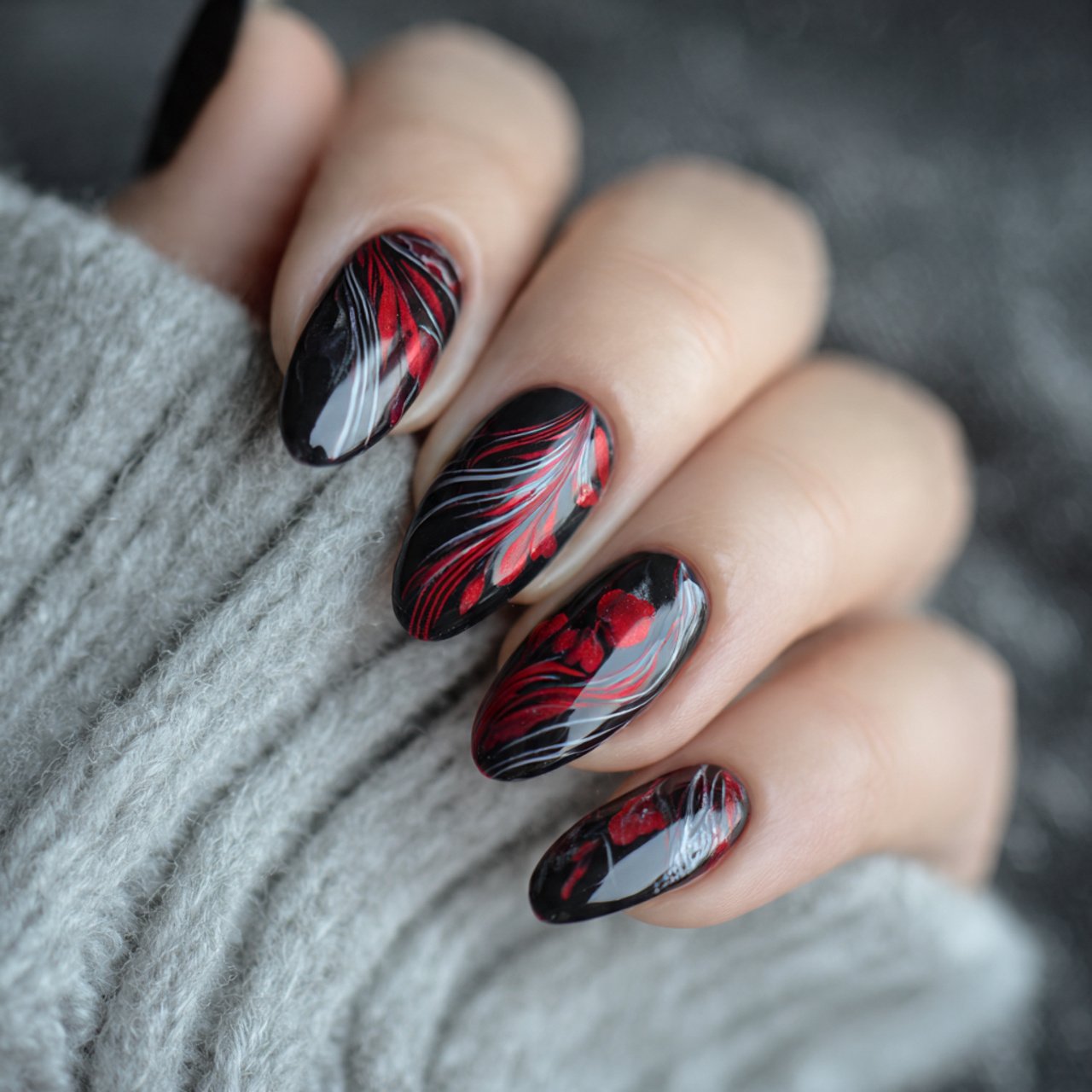black with red swirls nature look nails