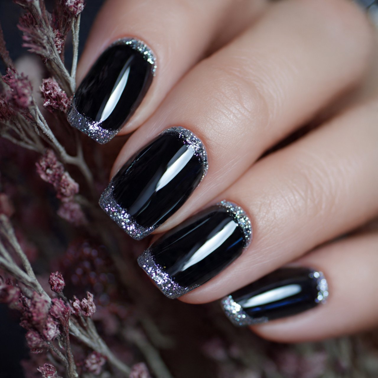 black with silver glitter tips nature nails