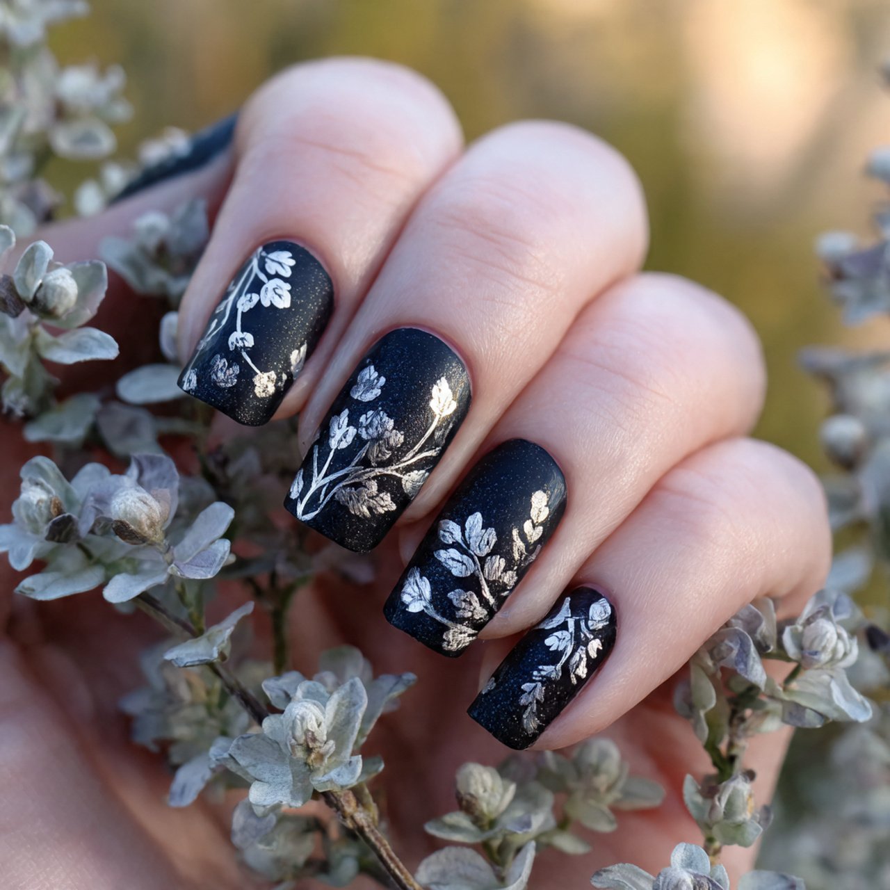 black with silver leaf nature look nails