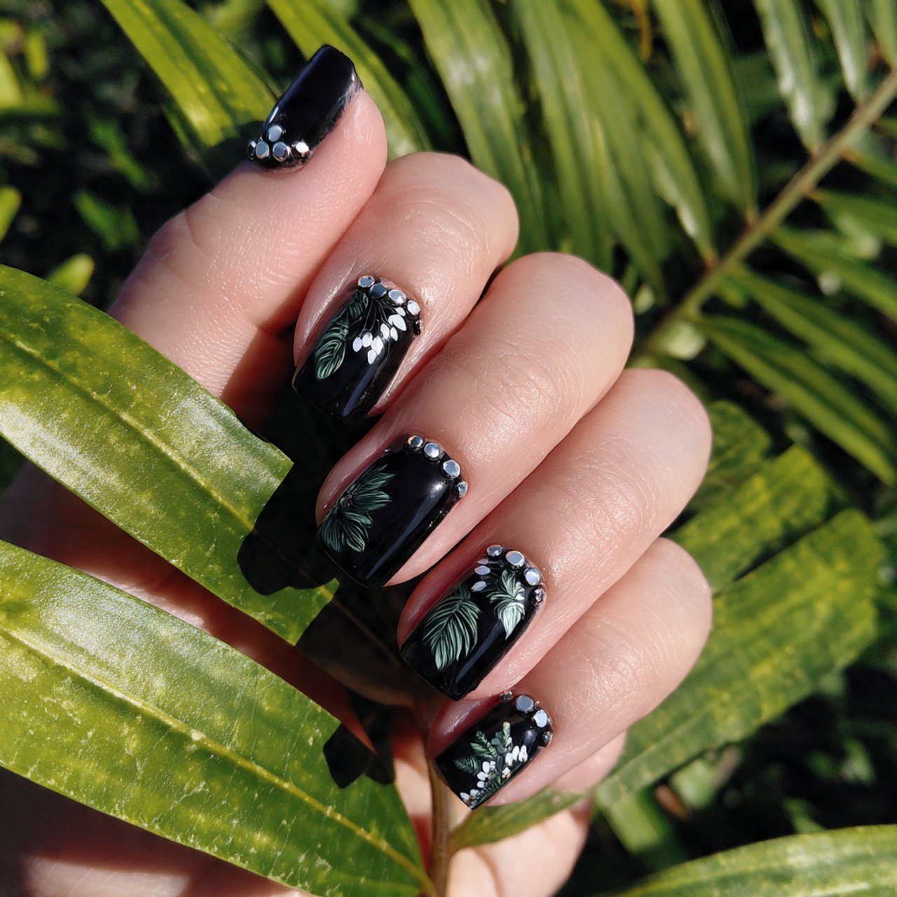 black with studded accents nature look nails