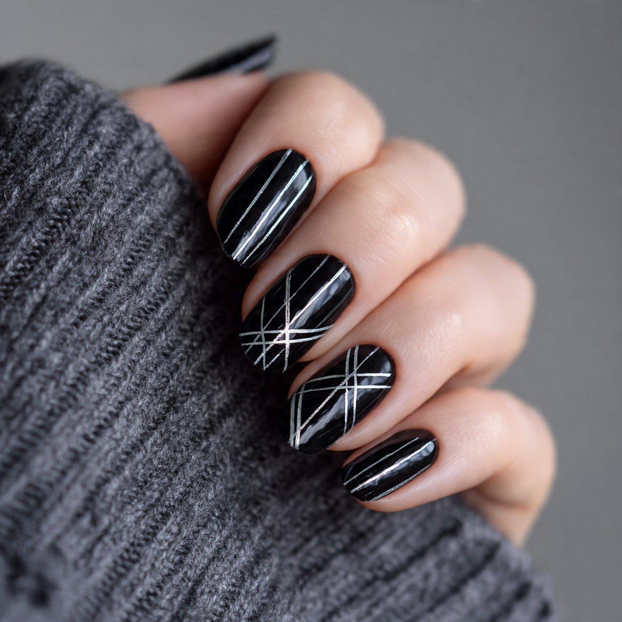 black and nude geometric lines nails art