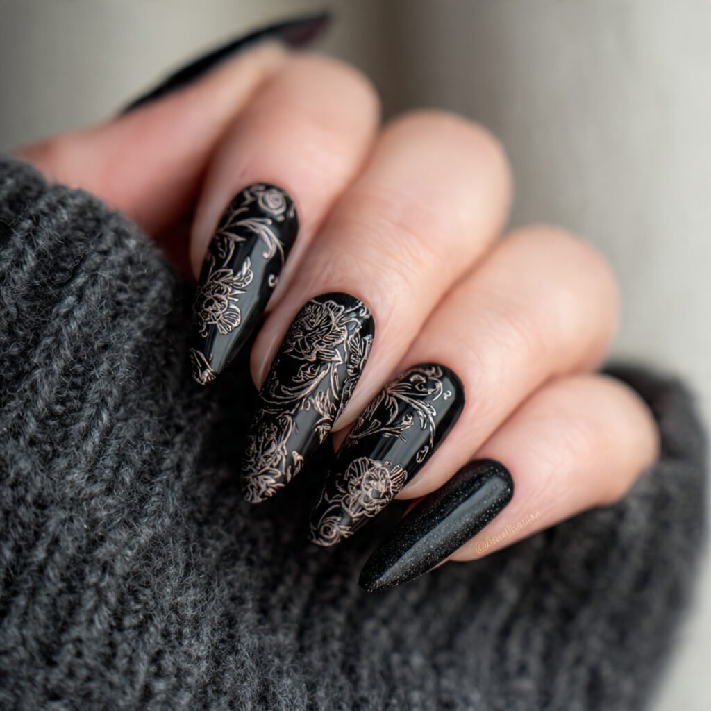 black floral line art delicate detail on