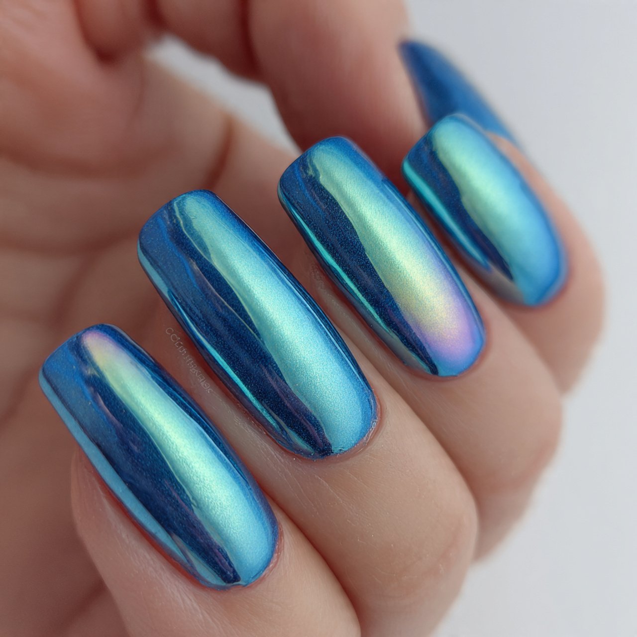 blue chrome glaze over milky base attractive nails