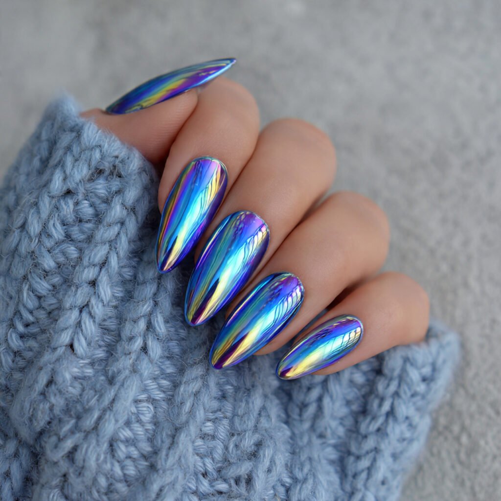 blue chrome high fashion mirror luxe attractive nails