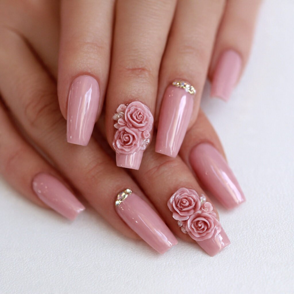 blush pink with 3d roses attractive nails