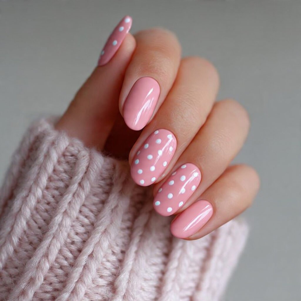 blush pink with white dots attractive nails