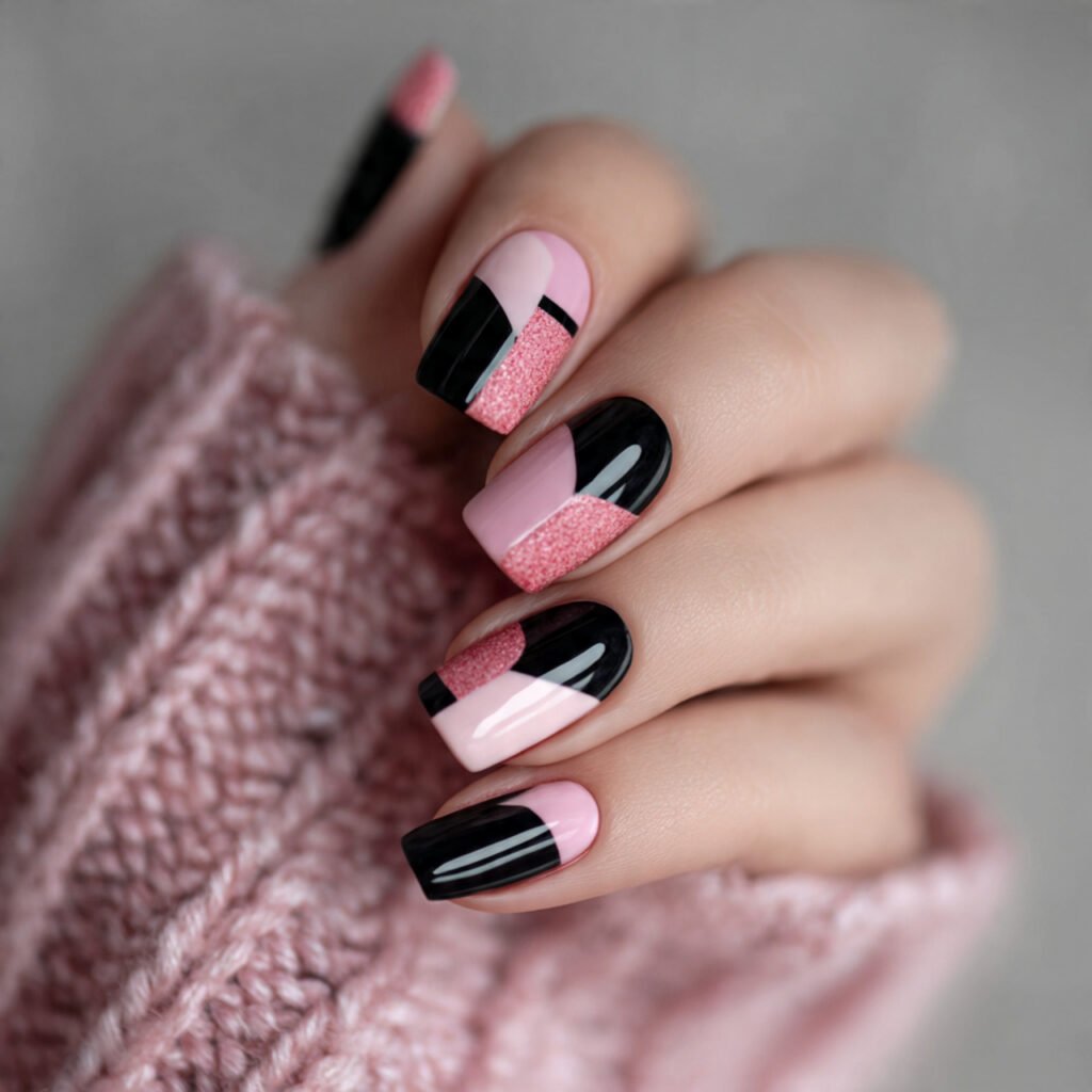 bold black pink geometric shapes attractive nails