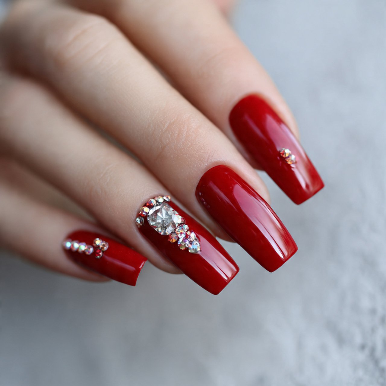 New York Nails: 15 Trendy Designs for the Ultimate Urban Manicure 8 bold red nails with rhinestone accents