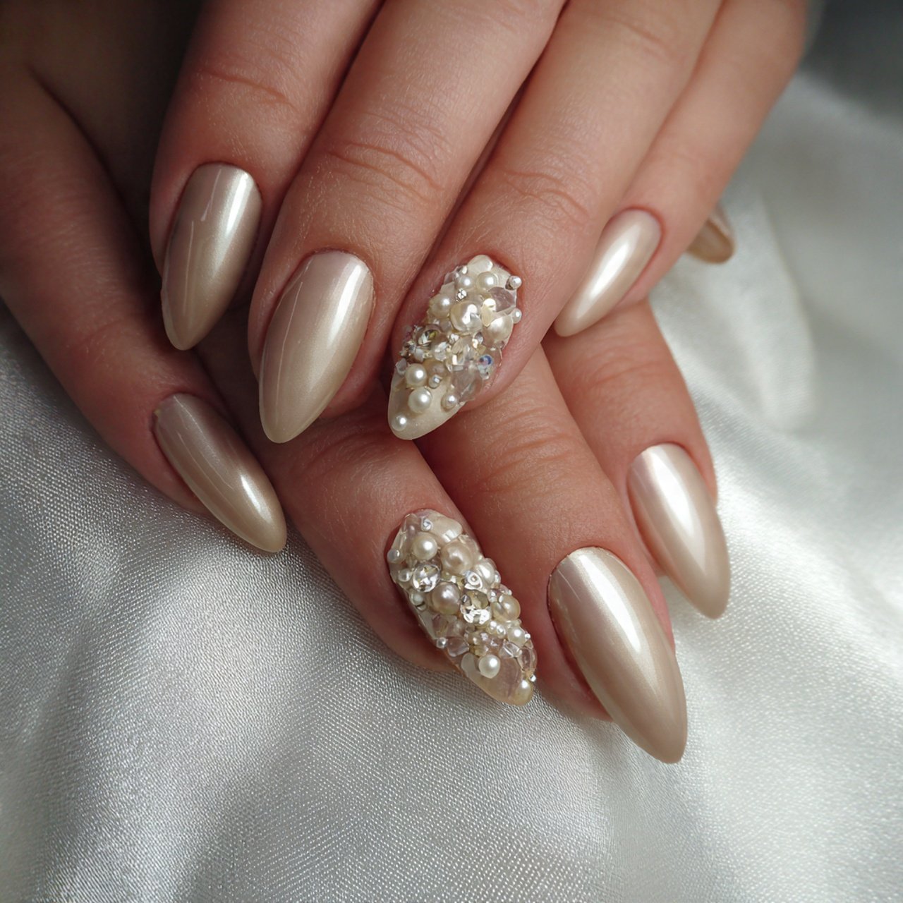 bridal beige chrome with mini pearls nature looks