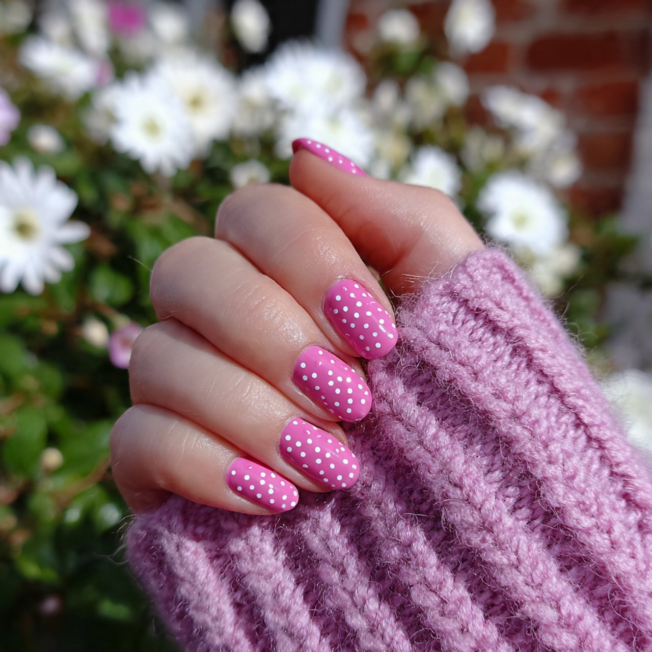 bubblegum pink with white dots nature look nails
