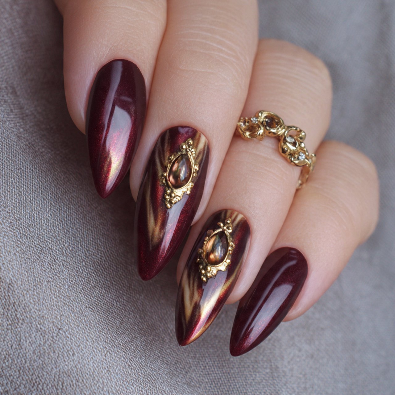 burgundy and gold cat eye nails nature look nails