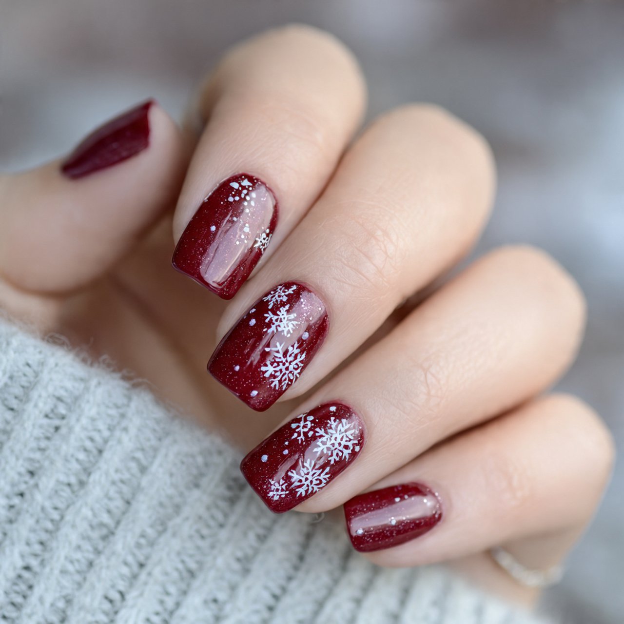 burgundy with snowflakes nature look nails