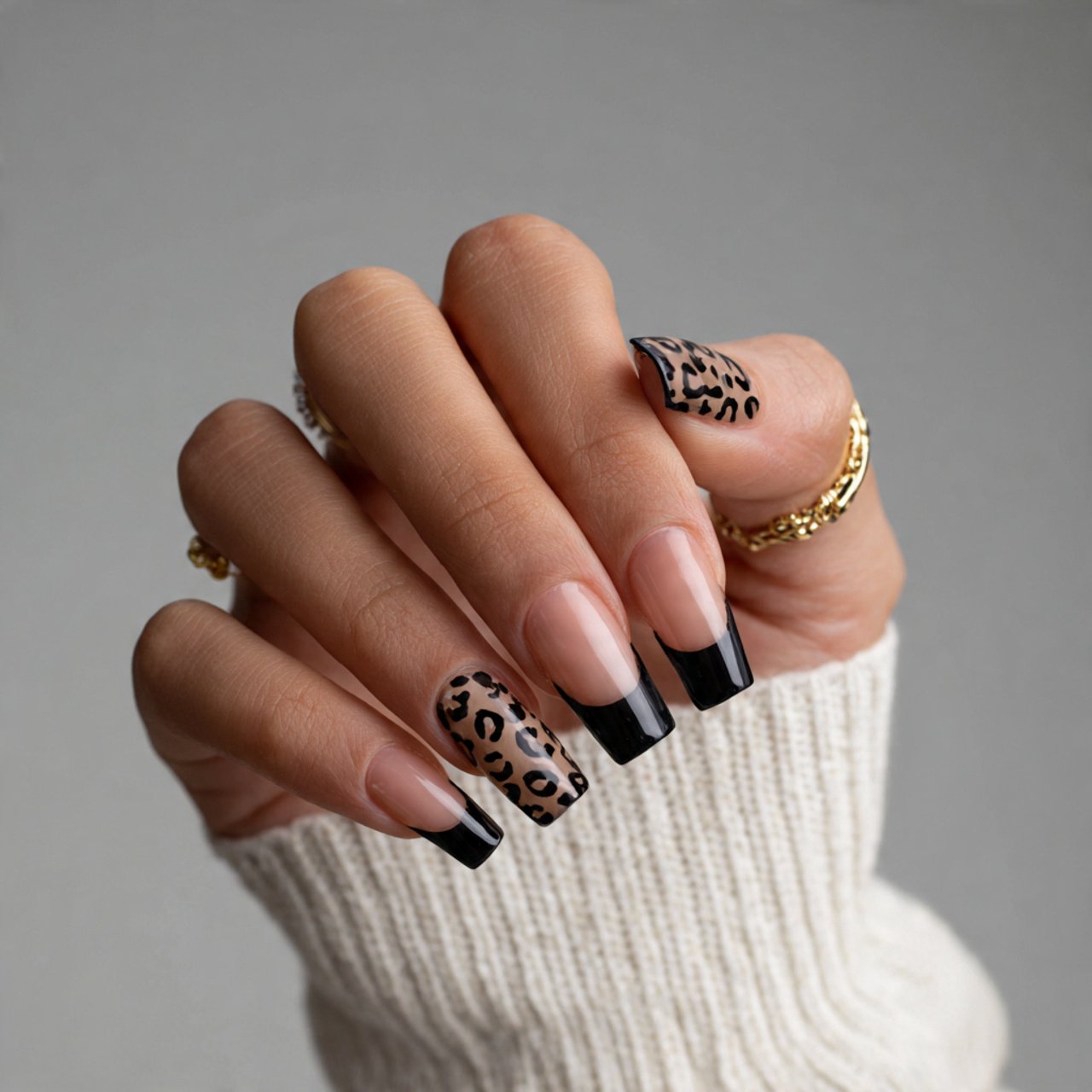 cheetah print black french tips nature look nails