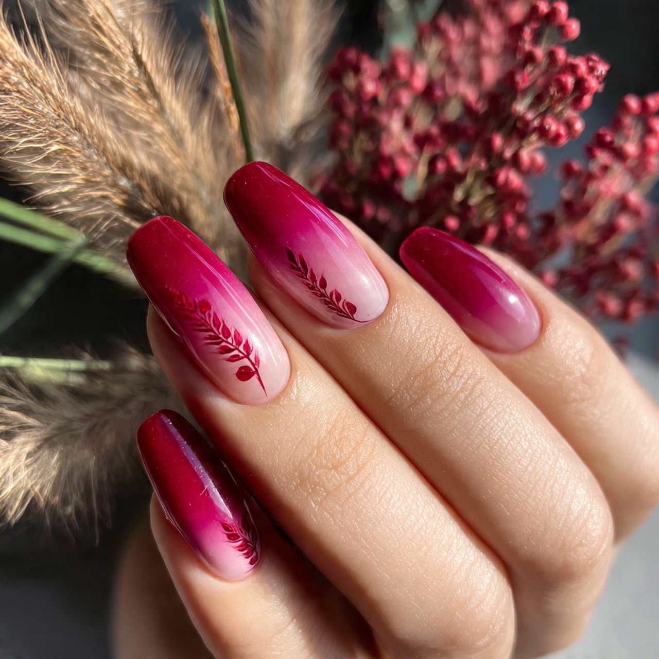 cherry red ombre nature looks nails