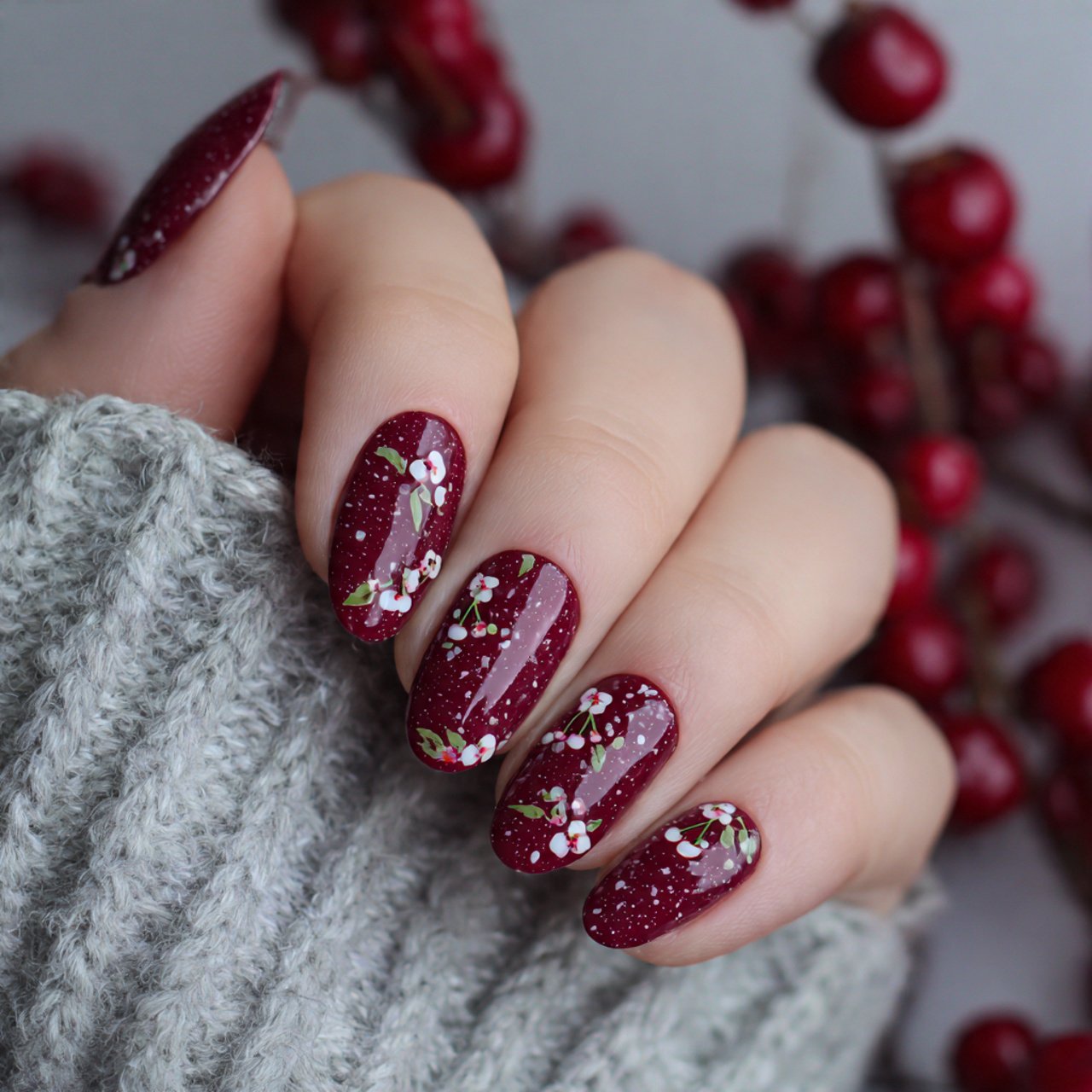 cherry red with confetti design nature look nails