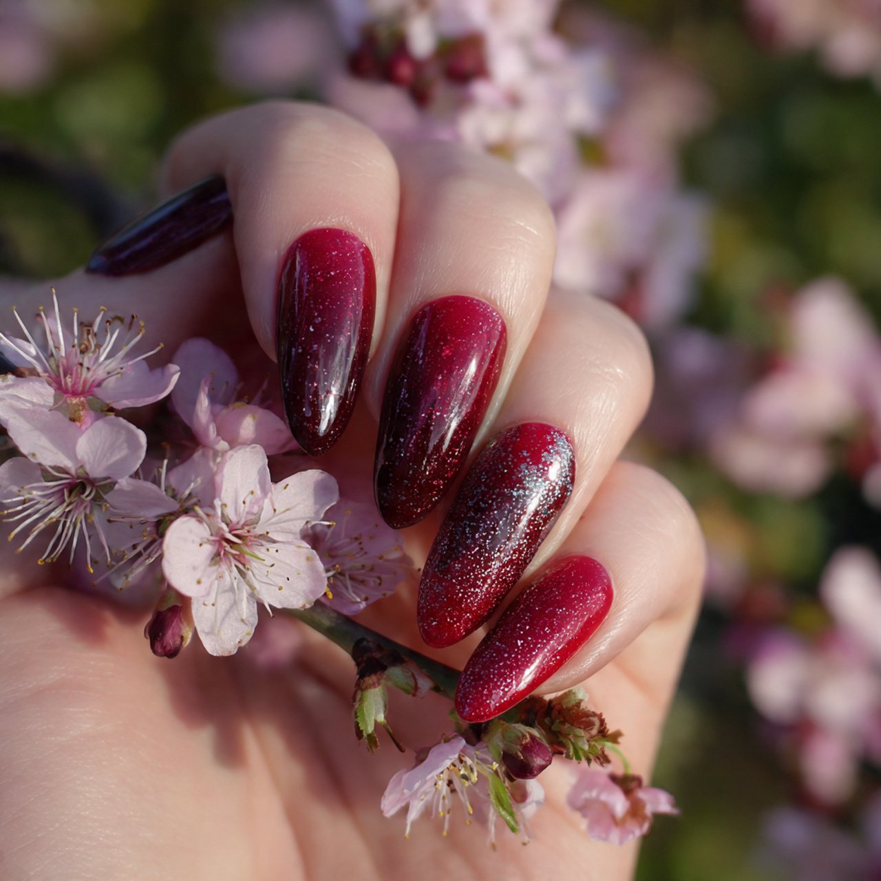 cherry red with glitter gradient nature look nails