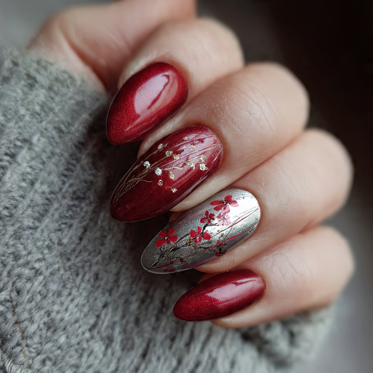 cherry red with silver streaks nature look nails
