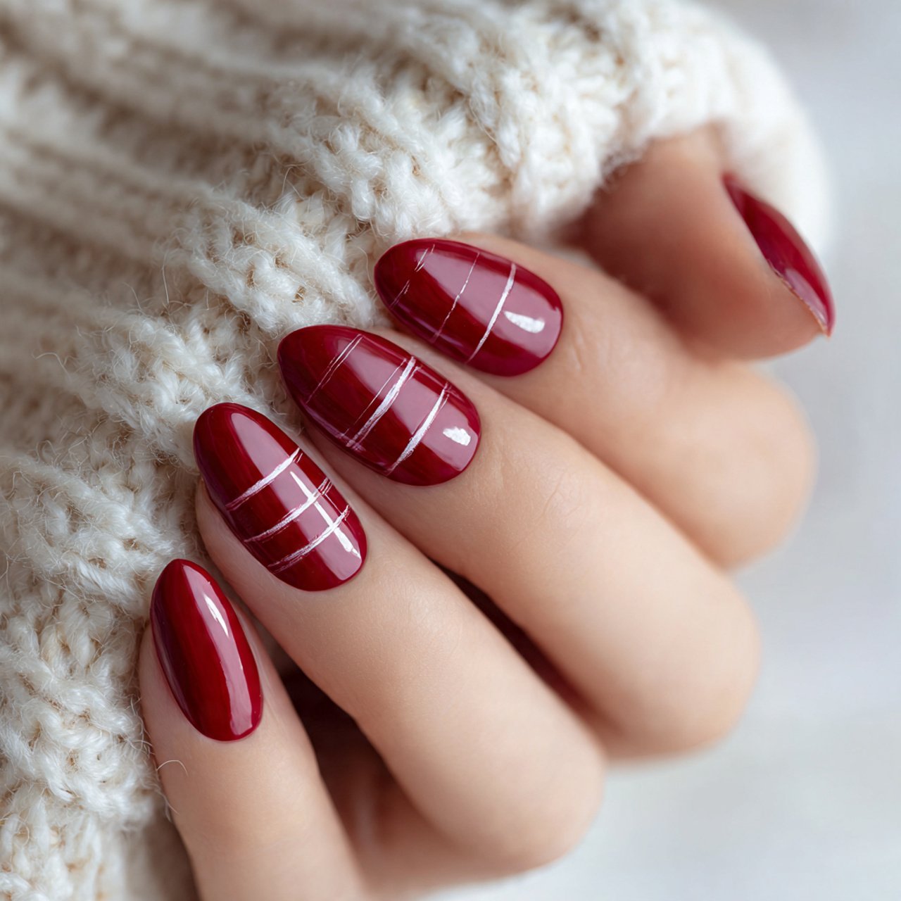 cherry red with subtle stripes attractive nails