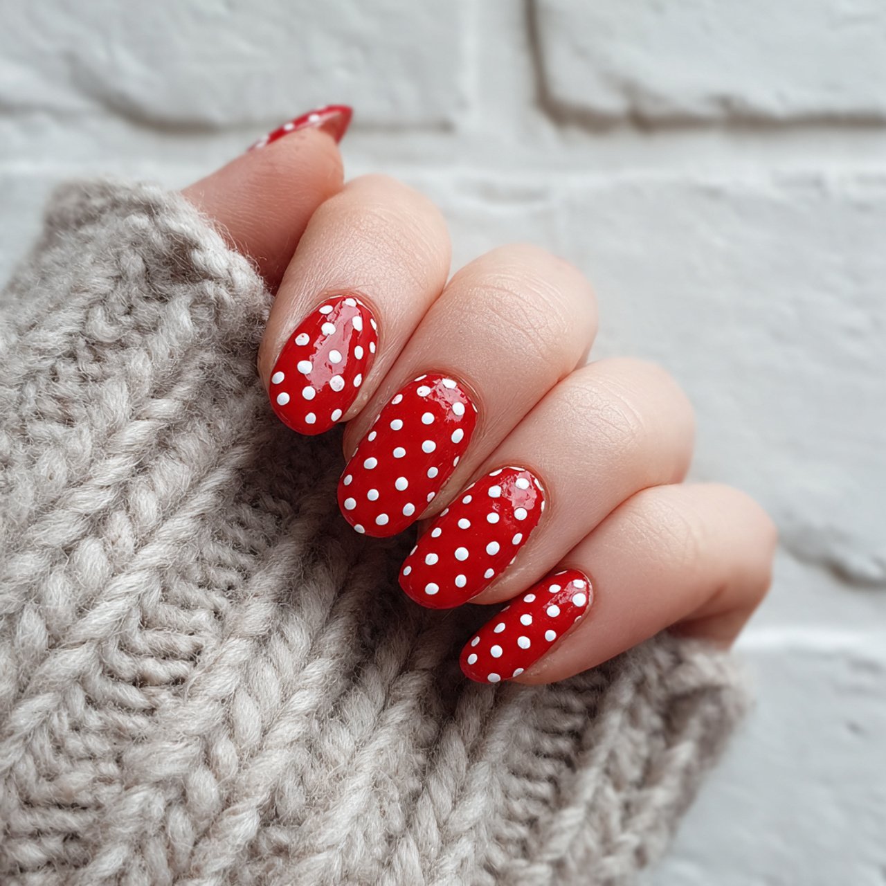 cherry red with white polka dots nature look nails