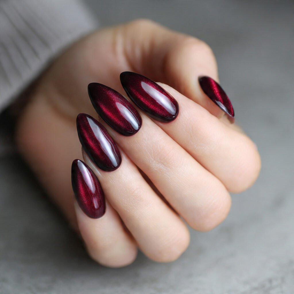 cherry red velvet cat eye nails deep dimensional