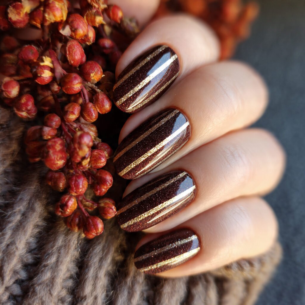cinnamon brown gold stripes attractive nails