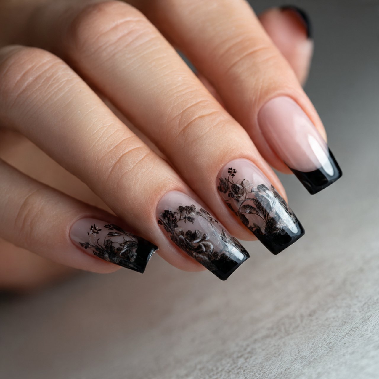classic black french tips nature look nails