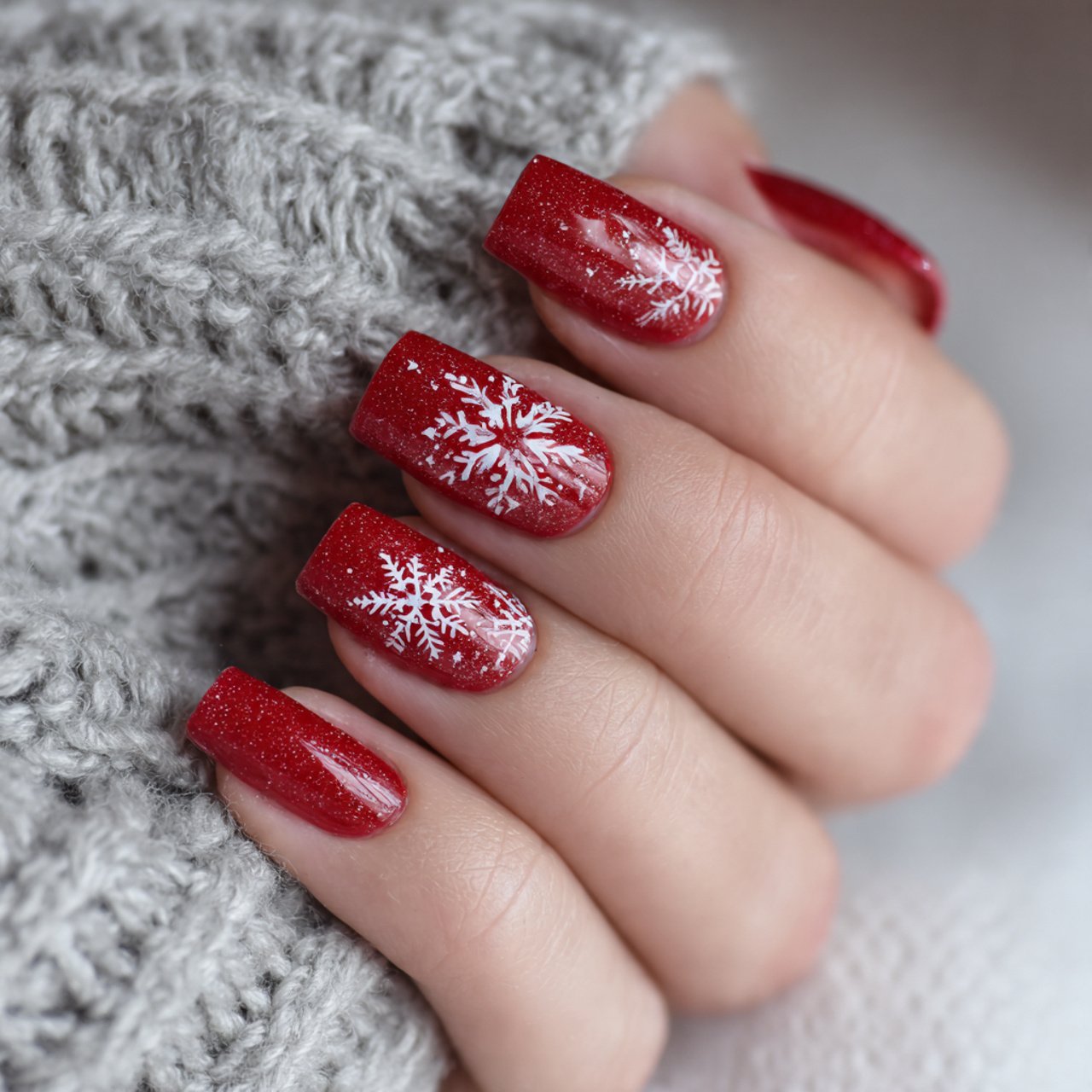 classic red with snowflakes nature look nails