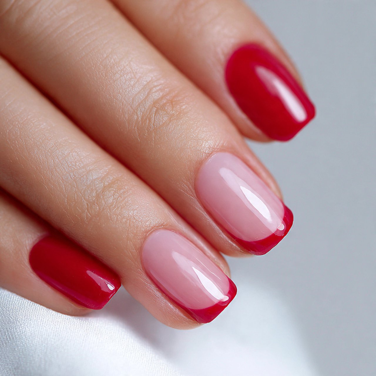 classic true red french nails with sheer pink base