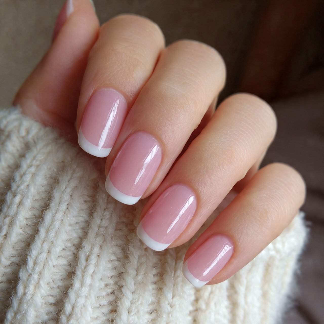 classic white french tip nails with a sheer pink b