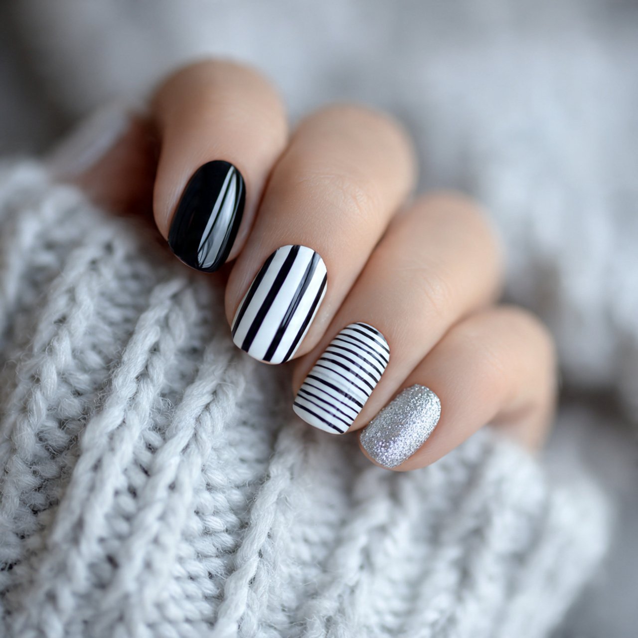 classic black and white vertical stripes attractive nails