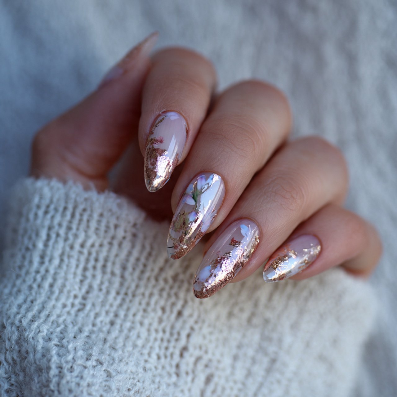 clear almond nails with metallic foil accents natu