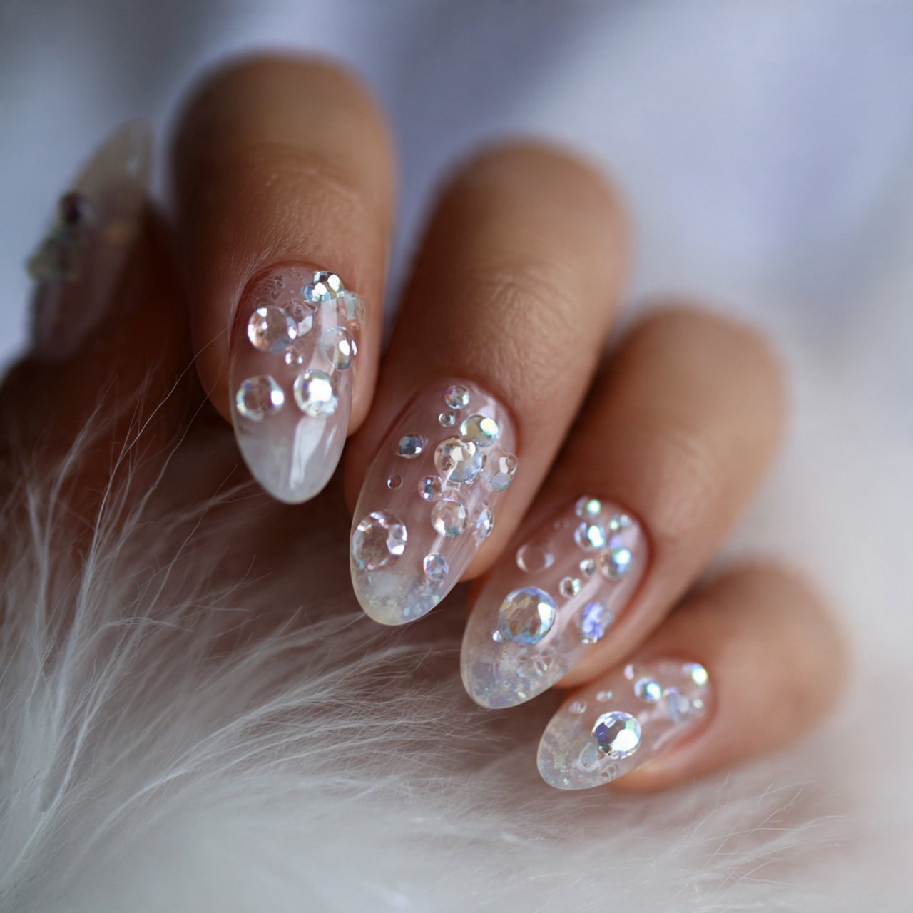 clear 3d gel droplets on a milky