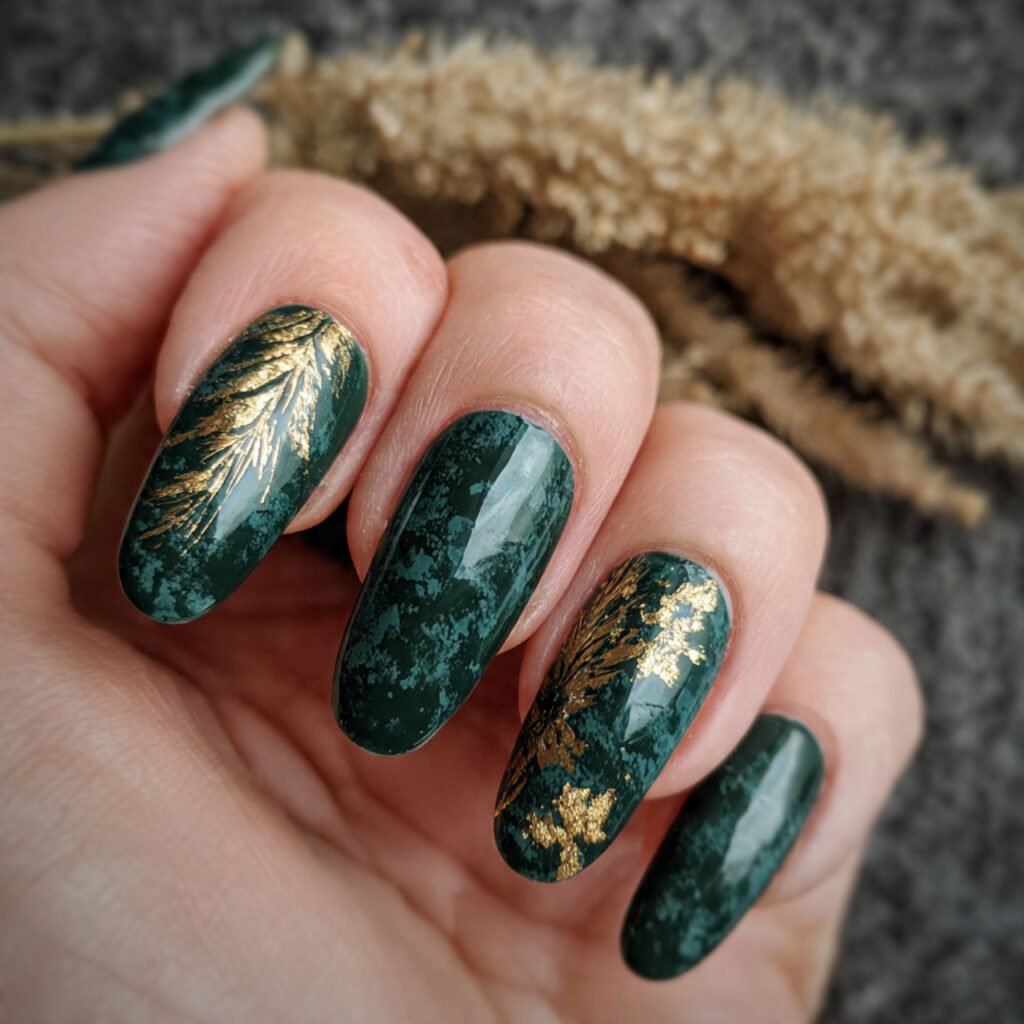 dark green with gold leaf accents attractive nails
