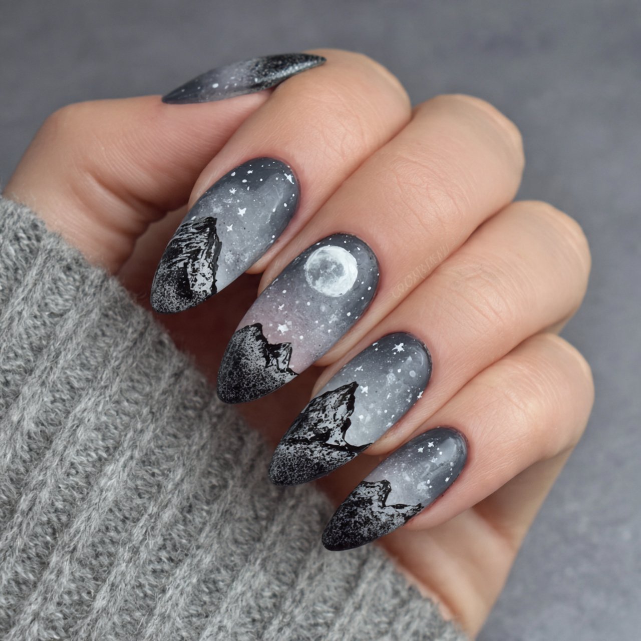 dark ombre with stars nature look nails