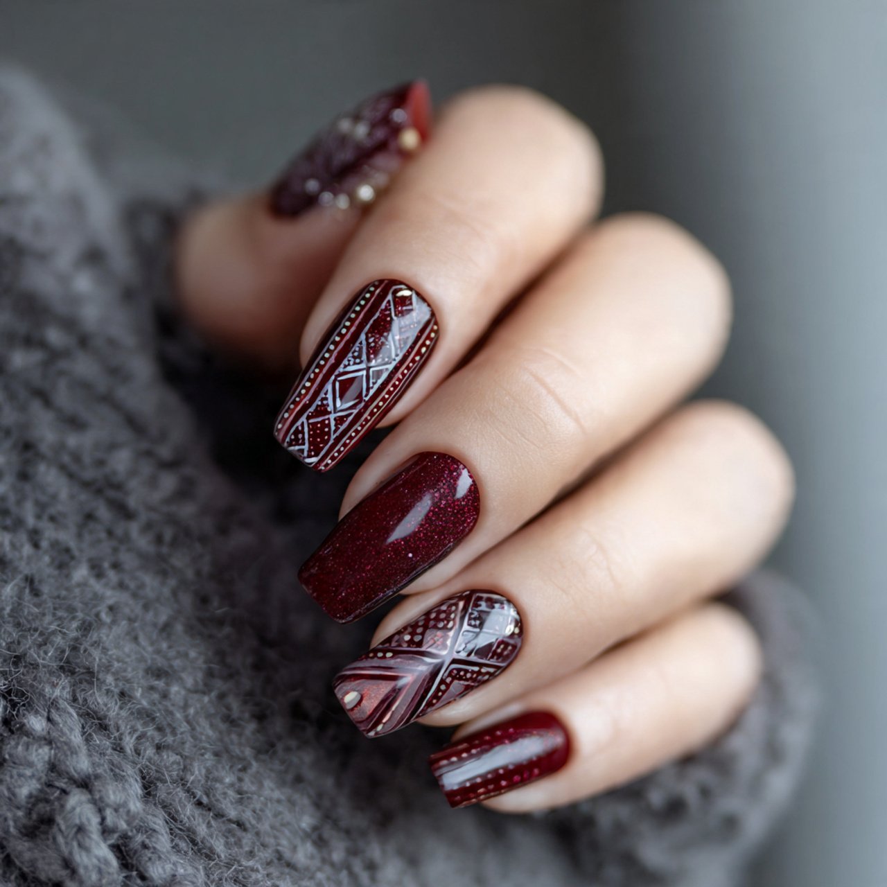 dark red and geometric designs nature look nails