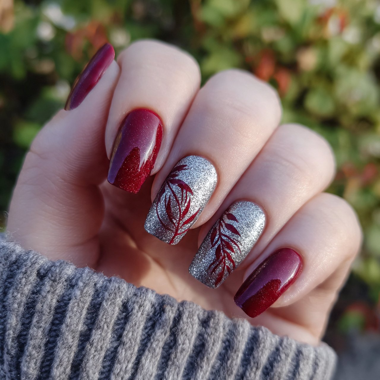 dark red and silver glitter accent nails nature lo