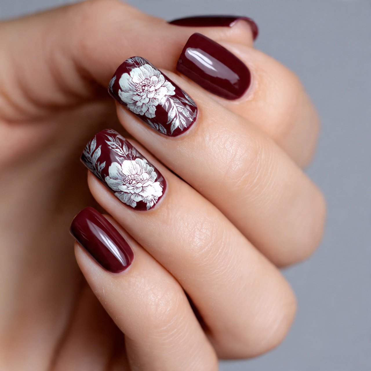 dark red nails with white floral art nature look n