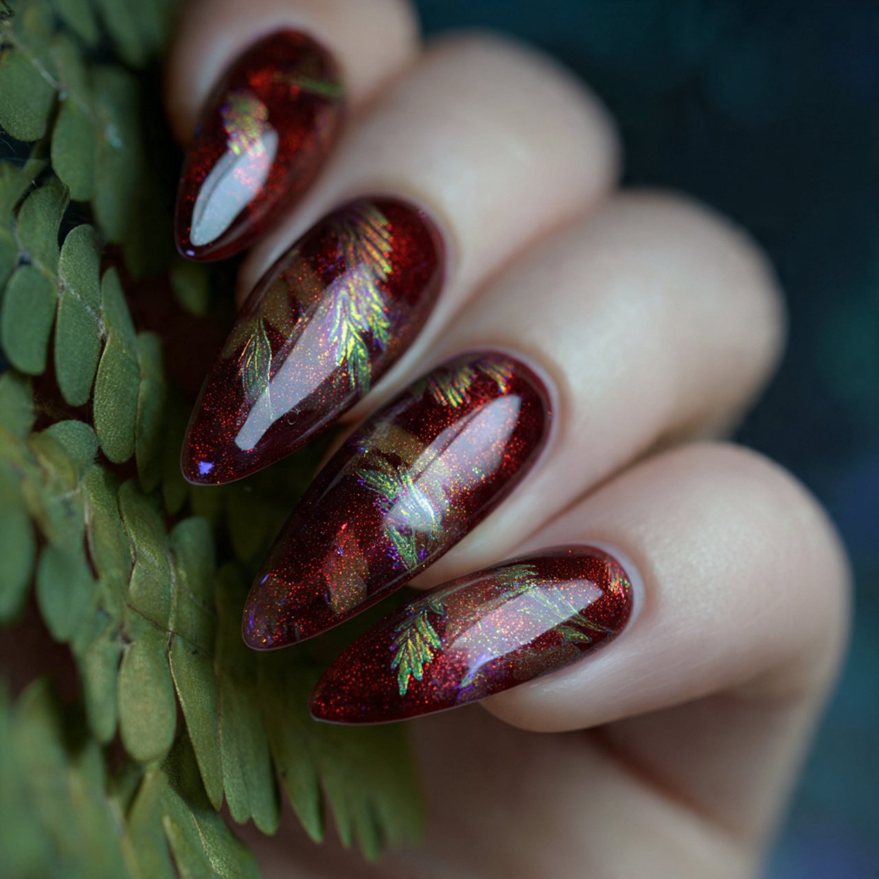 dark red with holographic glitter nature look nail