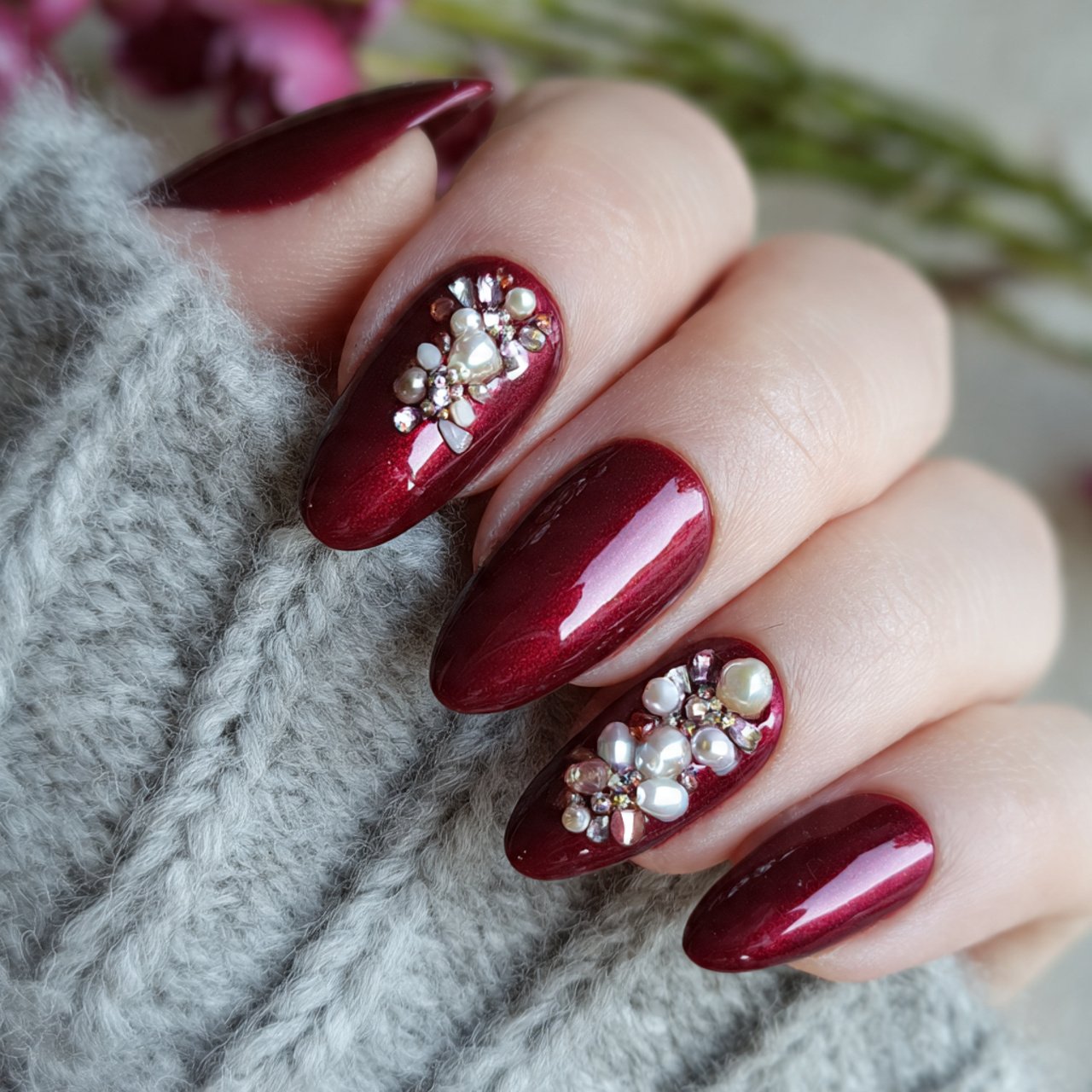 dark red with pearls and rhinestones nature look n