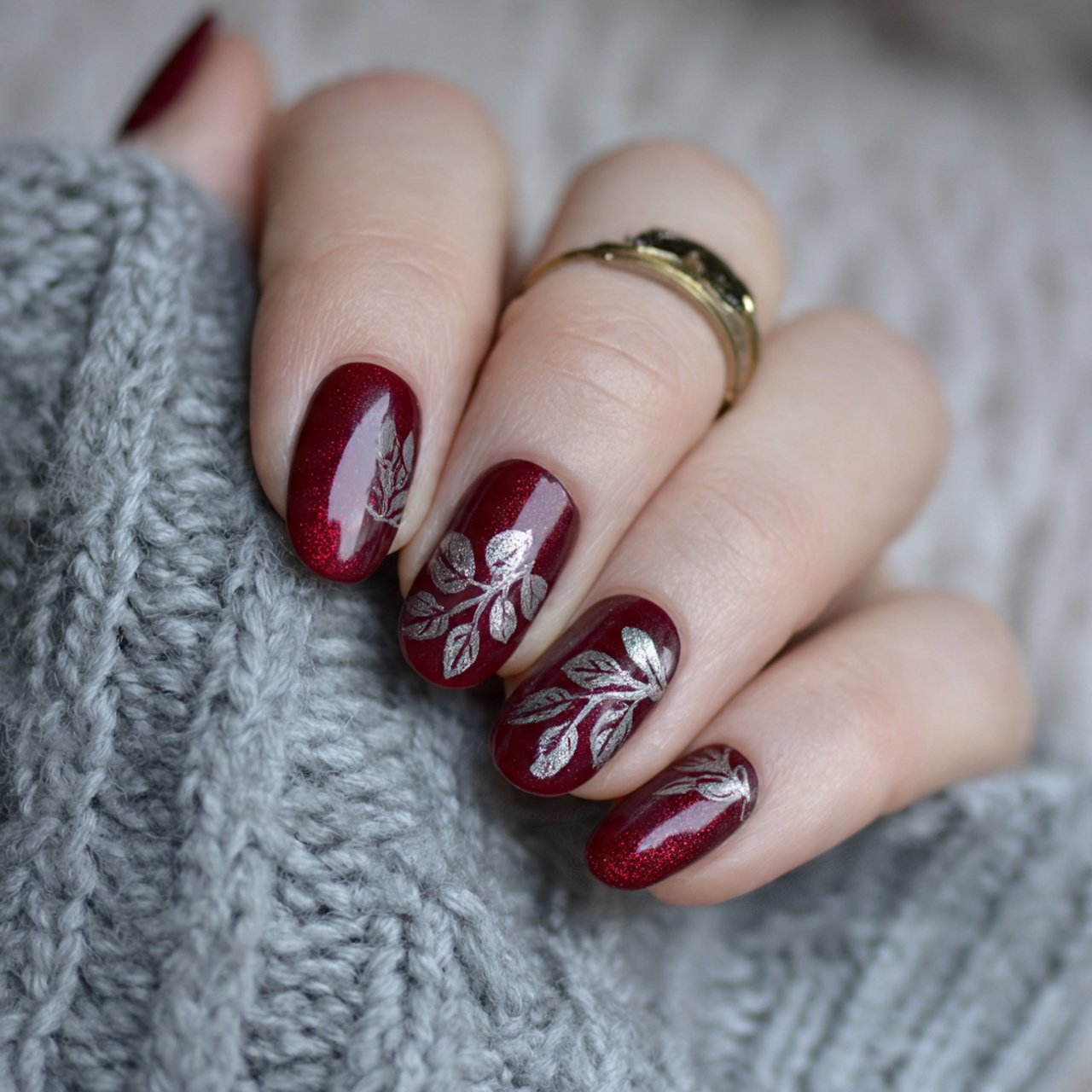 dark red with silver foil details nature look nail